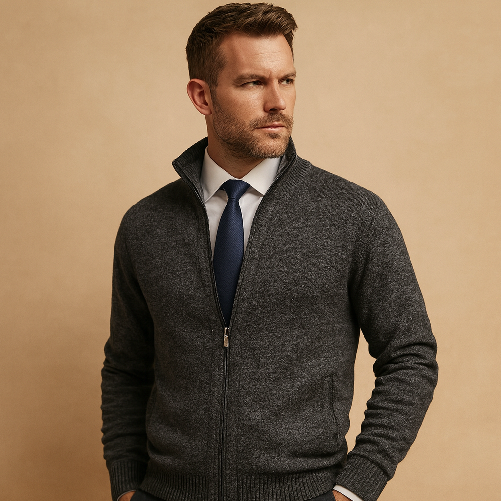 Cardigan à fermeture éclair pour homme - Vêtement en maille chic et décontracté à fermeture éclair intégrale, avec col côtelé et poches latérales pratiques