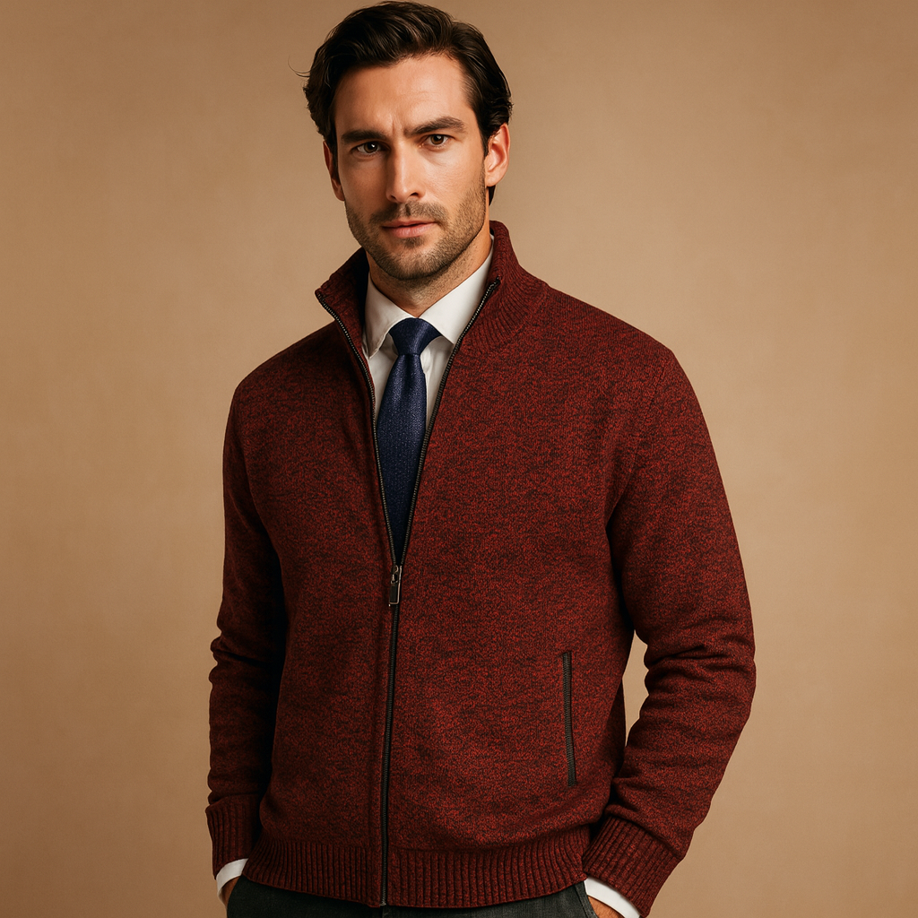 Cardigan à fermeture éclair pour homme - Vêtement en maille chic et décontracté à fermeture éclair intégrale, avec col côtelé et poches latérales pratiques