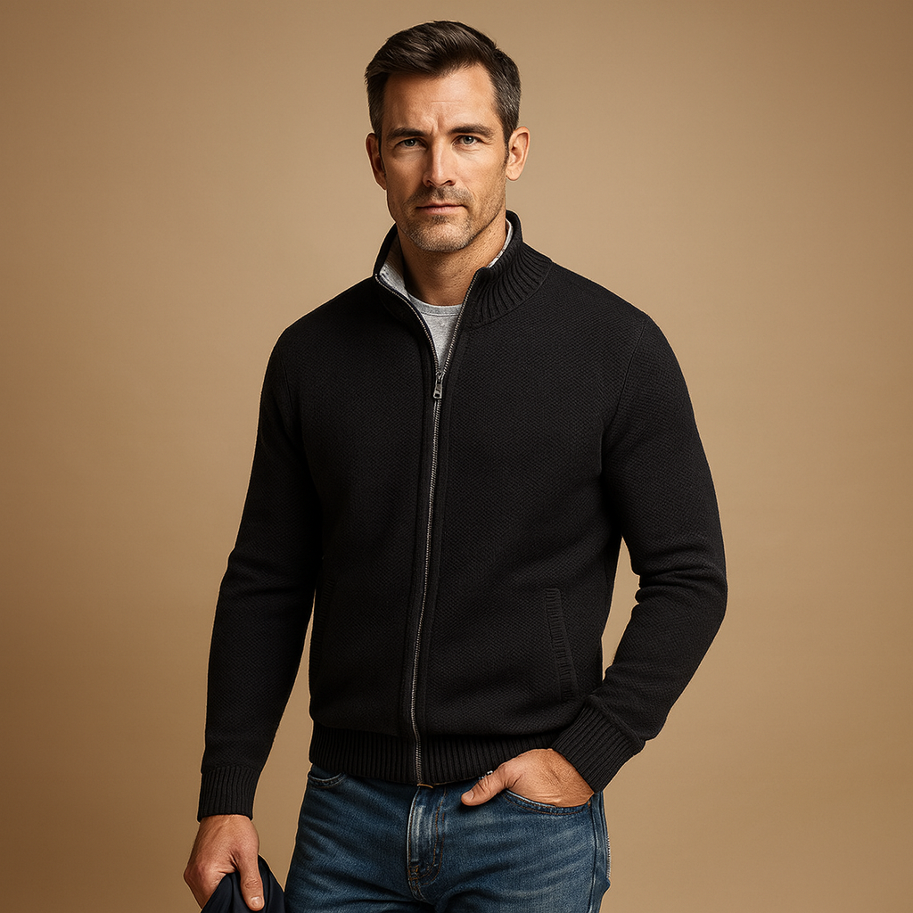 Cardigan à fermeture éclair pour homme - Vêtement en maille chic et décontracté à fermeture éclair intégrale, avec col côtelé et poches latérales pratiques