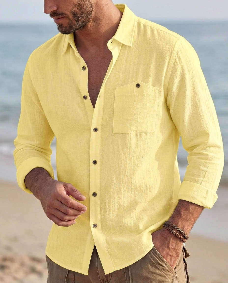 Camisa informal de manga larga para hombre | Camisa vintage transpirable con botones y cuello con solapas | Prenda ligera con textura para el día a día