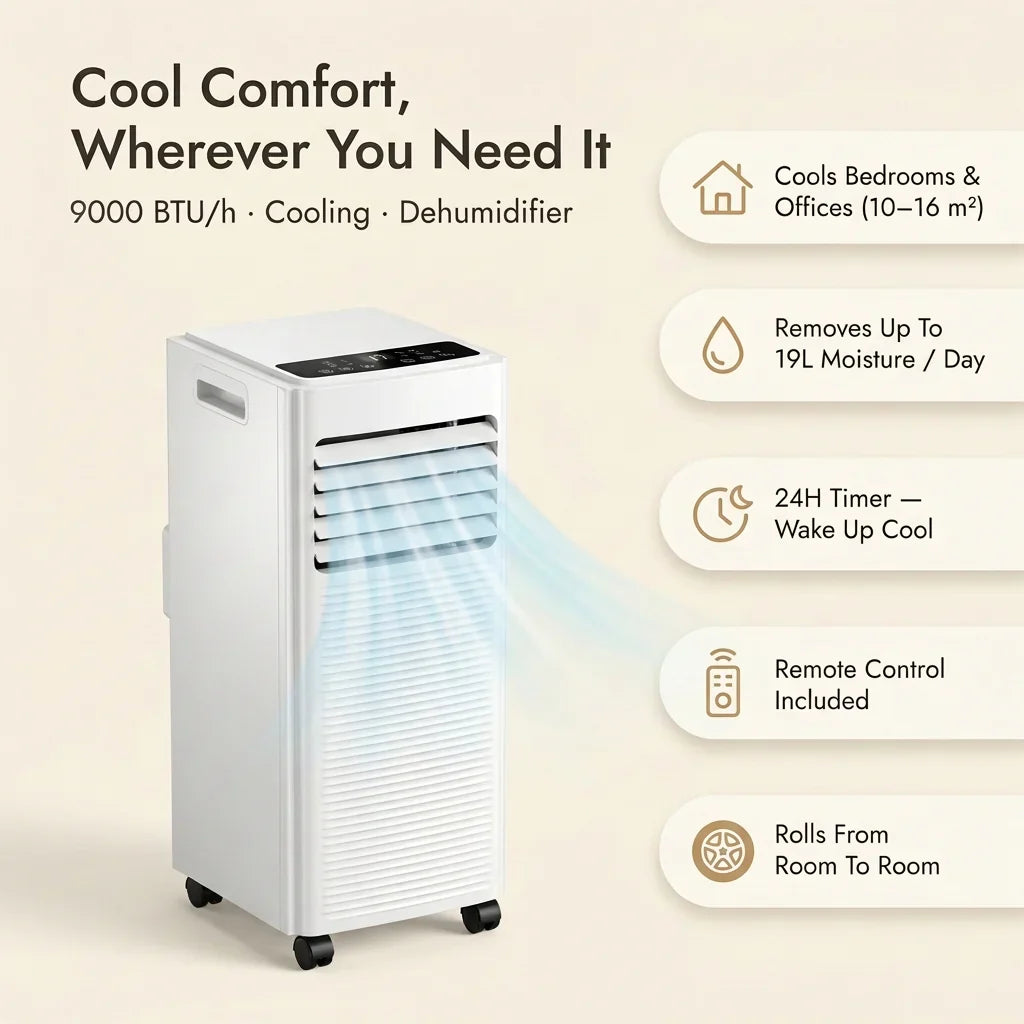Aire acondicionado portátil con deshumidificador y ventilador de 9.000 BTU para el verano