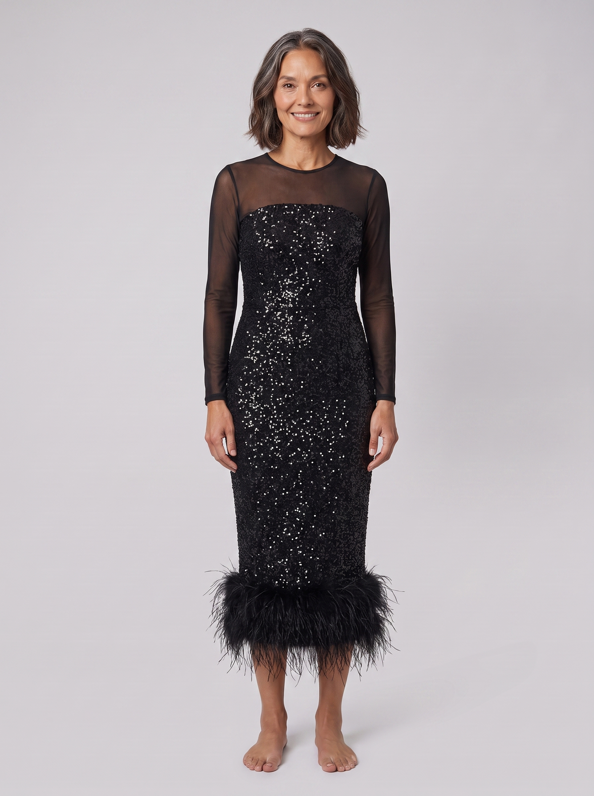 Vestido midi de mujer con lentejuelas y bajo con ribete de plumas | Vestido de noche de malla de manga larga para fiestas de Navidad y eventos festivos
