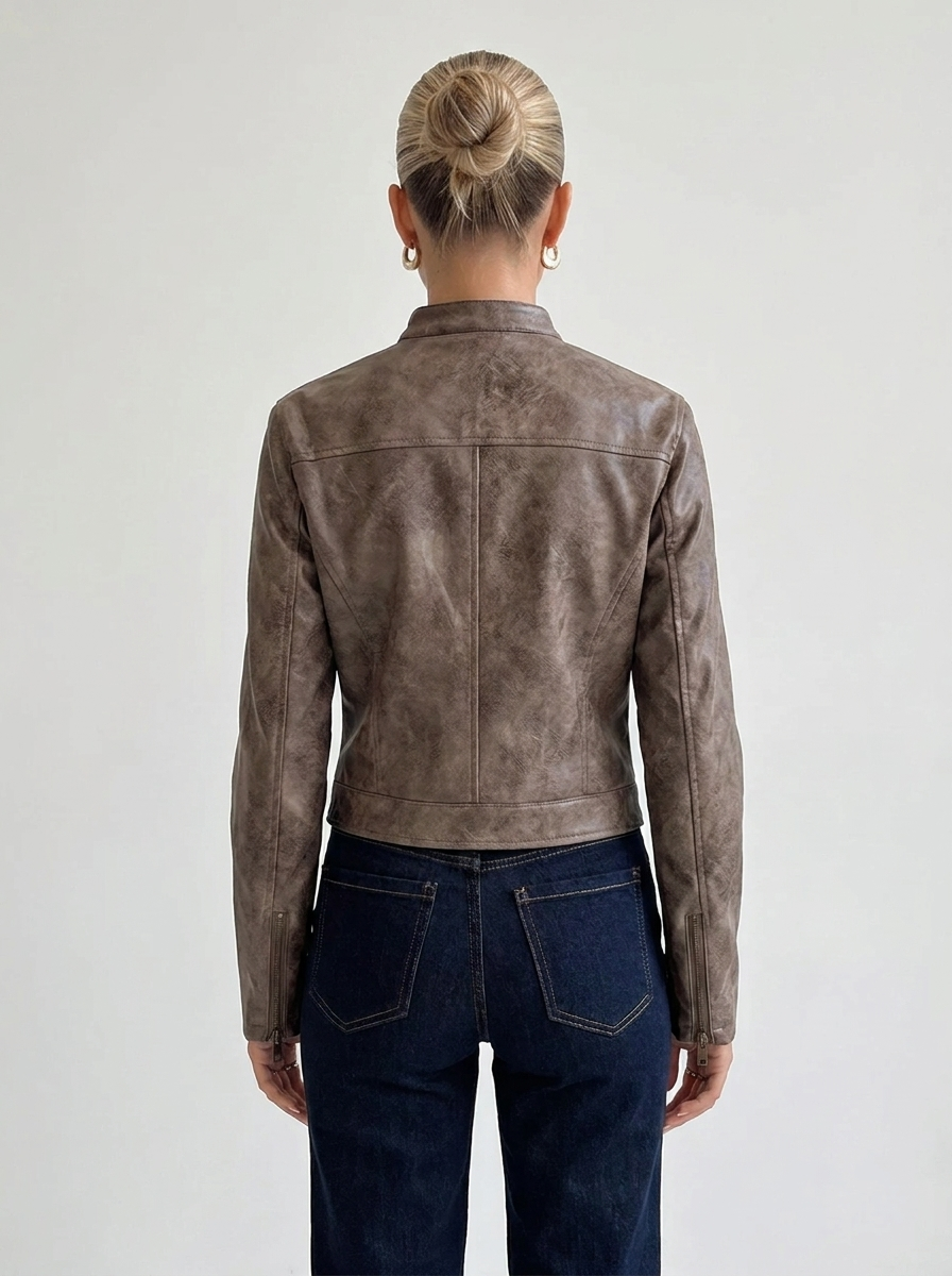Veste en simili cuir pour femme | Style motard court | Veste ajustée à col montant et fermeture éclair sur le devant | Vêtement d'extérieur polyvalent pour la mi-saison