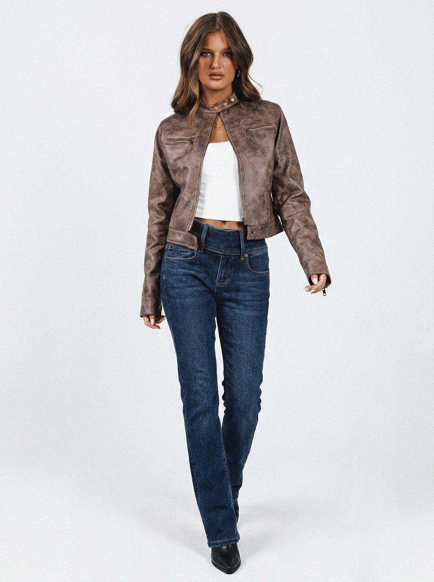 Veste en simili cuir pour femme | Style motard court | Veste ajustée à col montant et fermeture éclair sur le devant | Vêtement d'extérieur polyvalent pour la mi-saison