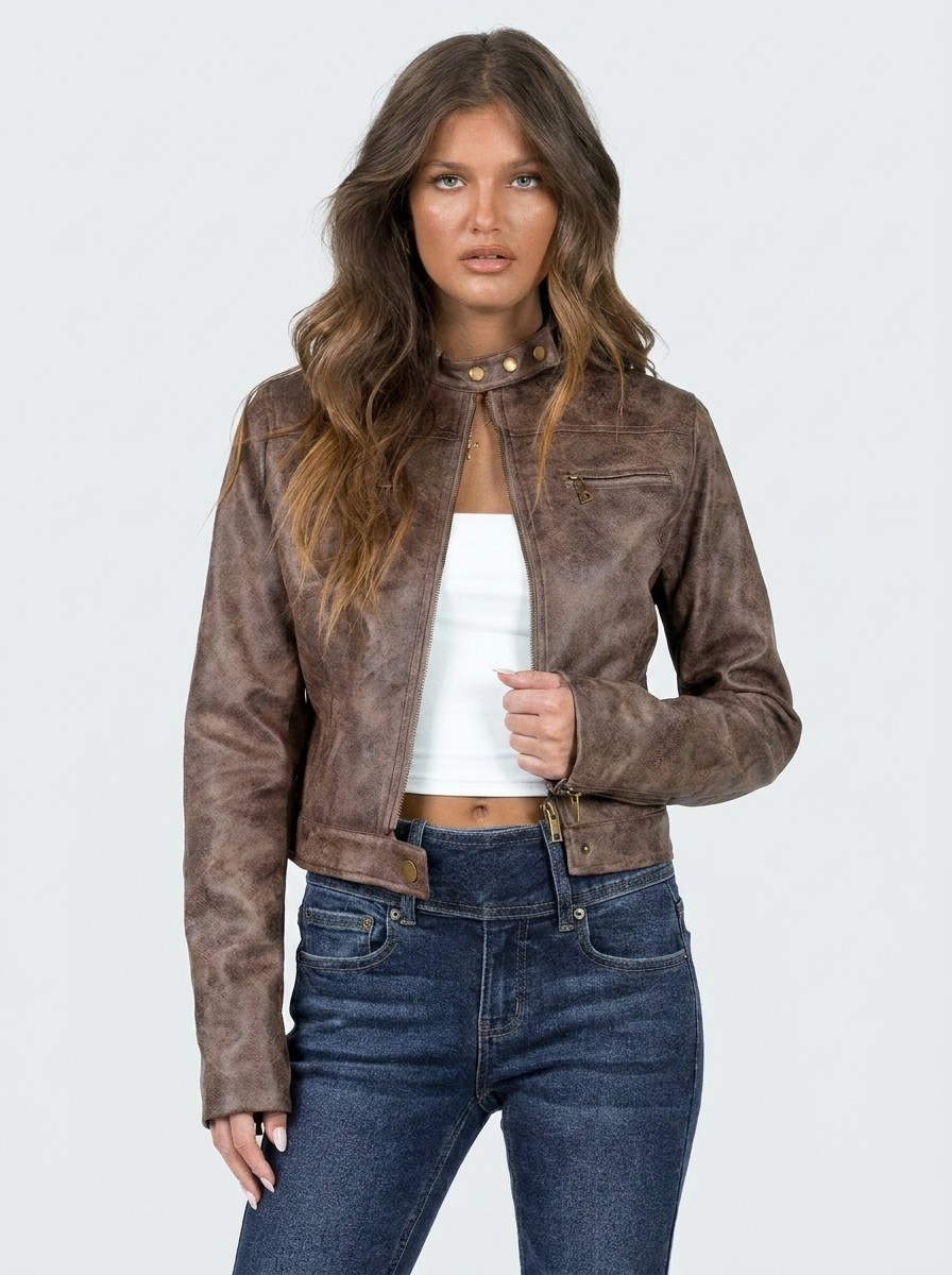 Veste en simili cuir pour femme | Style motard court | Veste ajustée à col montant et fermeture éclair sur le devant | Vêtement d'extérieur polyvalent pour la mi-saison