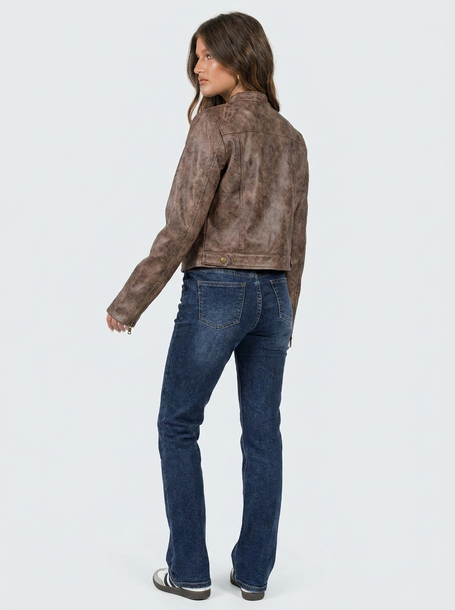Veste en simili cuir pour femme | Style motard court | Veste ajustée à col montant et fermeture éclair sur le devant | Vêtement d'extérieur polyvalent pour la mi-saison