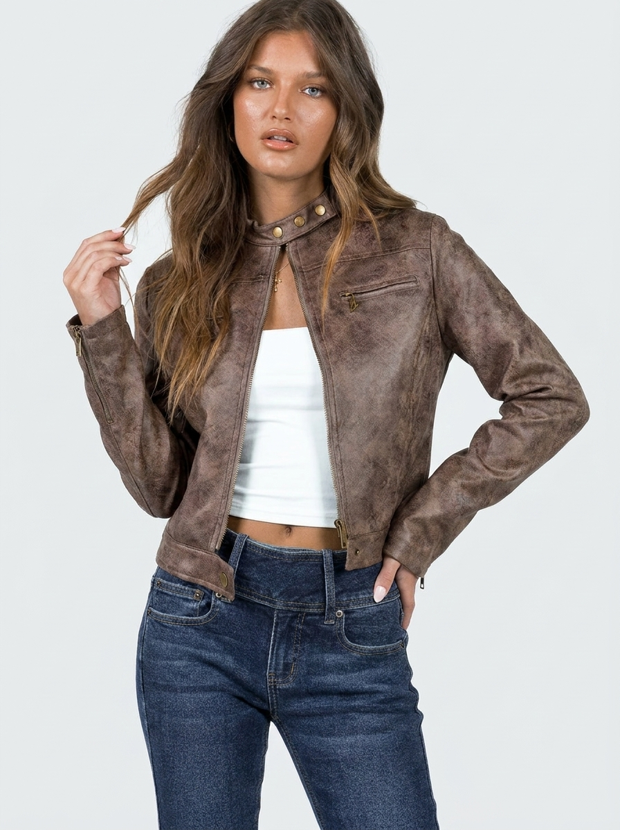 Veste en simili cuir pour femme | Style motard court | Veste ajustée à col montant et fermeture éclair sur le devant | Vêtement d'extérieur polyvalent pour la mi-saison