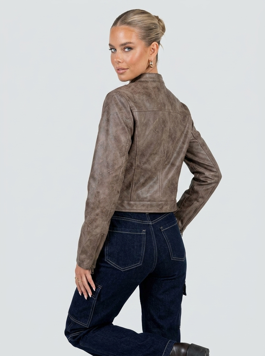 Veste en simili cuir pour femme | Style motard court | Veste ajustée à col montant et fermeture éclair sur le devant | Vêtement d'extérieur polyvalent pour la mi-saison