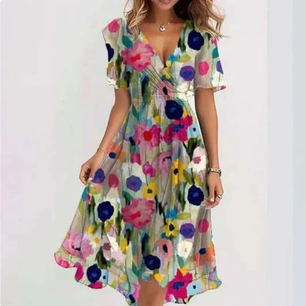 Women's V-Neck Midi Summer Dress - Short Sleeve Casual Day Dress for Work and Social Events - Versatile Lightweight Fit