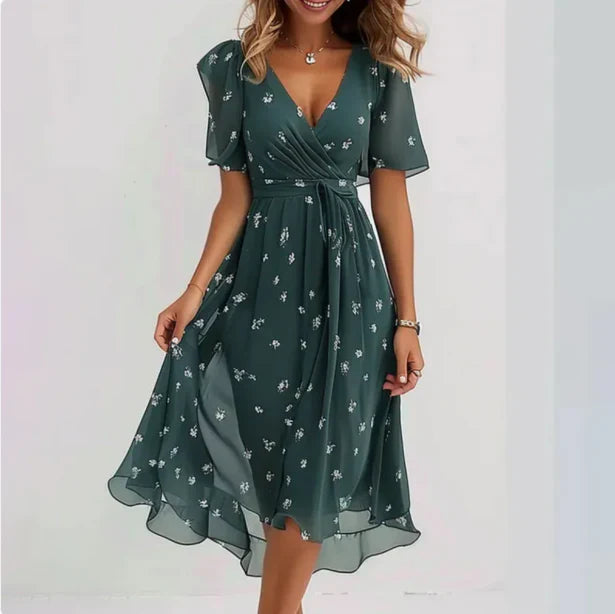 Women's V-Neck Midi Summer Dress - Short Sleeve Casual Day Dress for Work and Social Events - Versatile Lightweight Fit