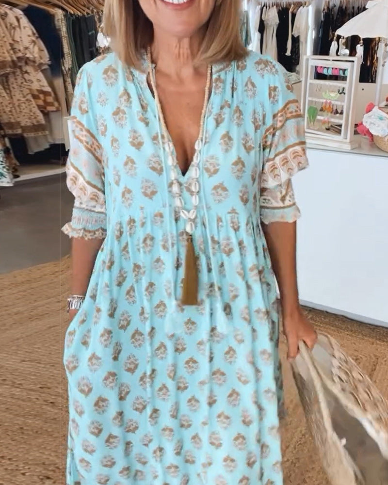 Robe mi-longue bohème pour femme | Robe décontractée à col en V et volants, avec manches bouffantes | Coupe ample et matière légère, idéale pour un look estival au quotidien