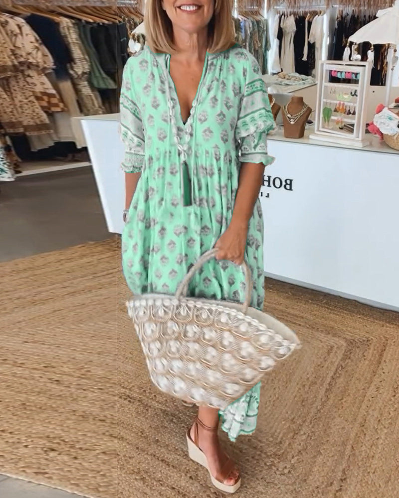 Robe mi-longue bohème pour femme | Robe décontractée à col en V et volants, avec manches bouffantes | Coupe ample et matière légère, idéale pour un look estival au quotidien
