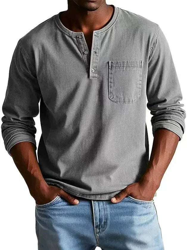 Cămașă Henley cu mâneci lungi pentru bărbați | Bluză casual din amestec de bumbac cu finisaj vintage spălat, cu buzunar la piept și croială lejeră, cu guler cu nasturi