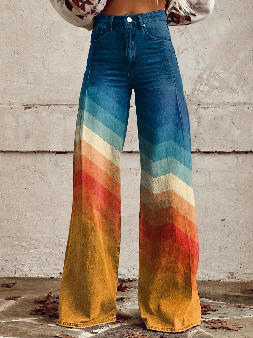 Dámské retro kalhoty s širokými nohavicemi a vzorem chevron | Kalhoty s vysokým pasem a potiskem, které lichotí postavě a mají klasický design s 5 kapsami
