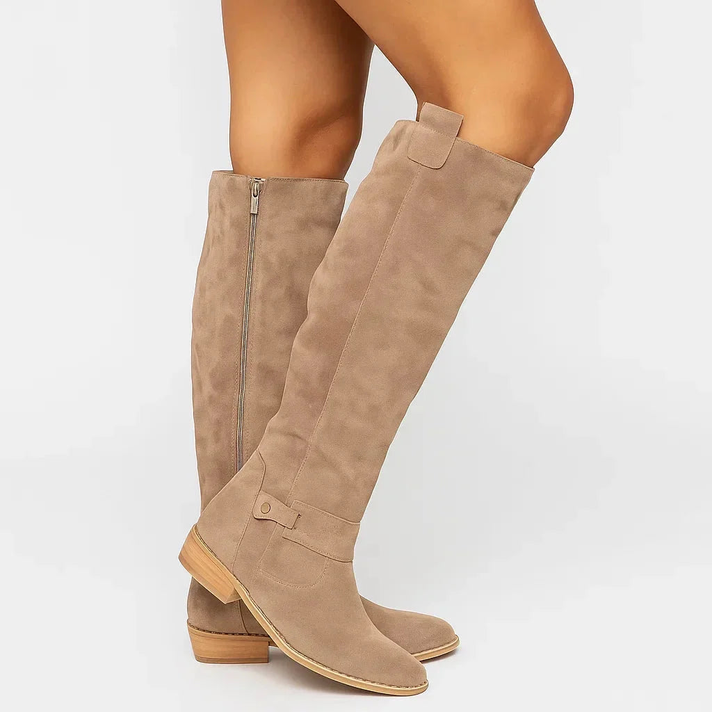 Knee-high suede boots with block heel for women in Beige