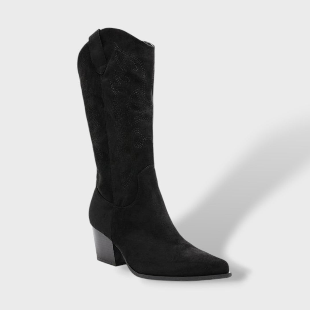 Women's Suede Orthopedic Cowboy Boots with Wide Block Heel - Comfortable Western Style with Side Zipper and Anatomical Insole