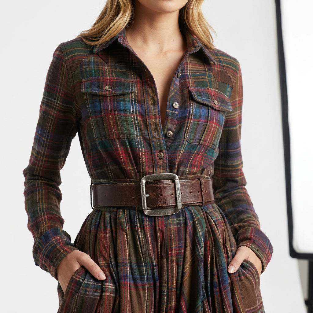 Vestido camisero a cuadros para mujer | Vestido informal de manga larga a cuadros con bolsillos | Vestido camisero midi de corte holgado para otoño