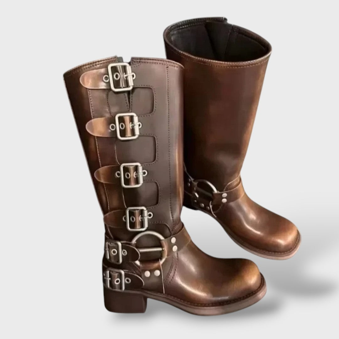 Women's Vintage Leather Cowboy Boots | Mid-Heel Western Style Boots | Refined Pointed Toe Leather Footwear for Everyday Wear