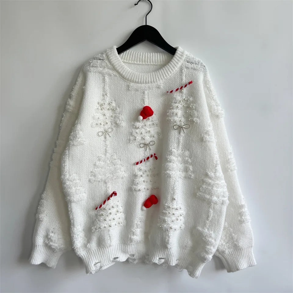 Rød julesweater til kvinder – med perledekorationer og sløjfedetaljer
