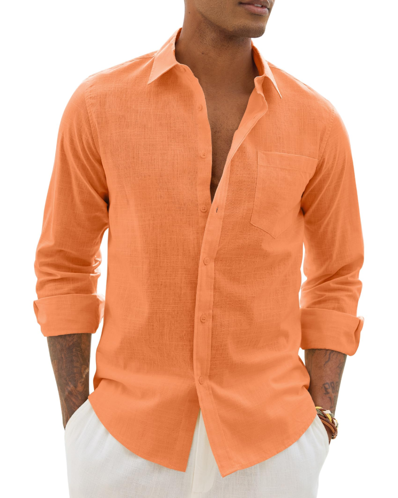 Chemise décontractée à boutons pour homme | Haut d'été léger à manches longues et coupe ample, avec poche poitrine et manches réglables
