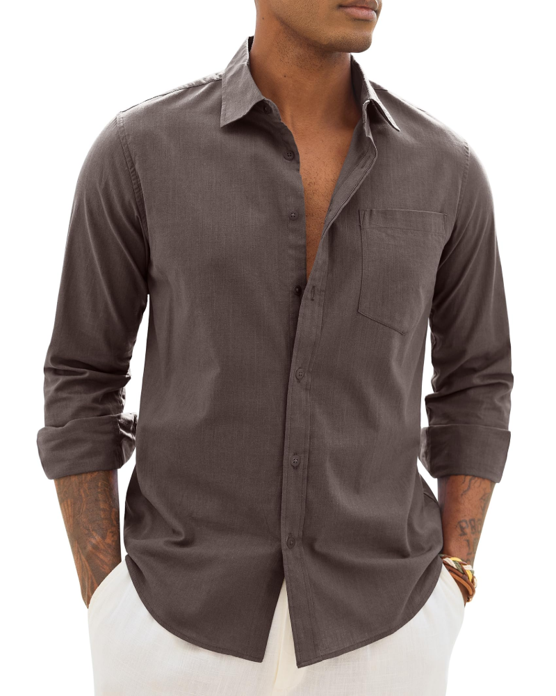 Chemise décontractée à boutons pour homme | Haut d'été léger à manches longues et coupe ample, avec poche poitrine et manches réglables