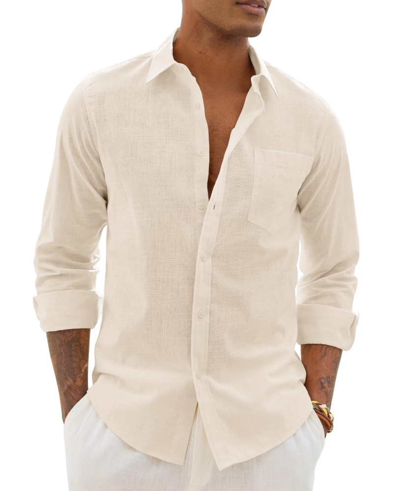 Chemise décontractée à boutons pour homme | Haut d'été léger à manches longues et coupe ample, avec poche poitrine et manches réglables