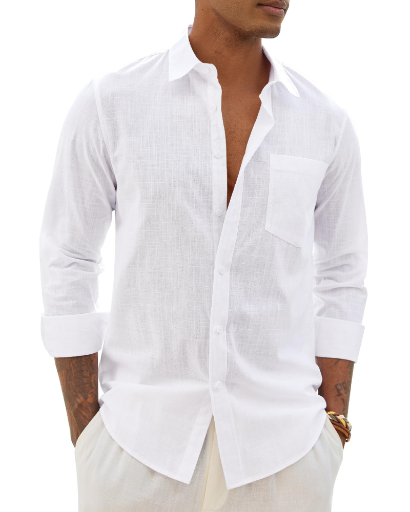 Chemise décontractée à boutons pour homme | Haut d'été léger à manches longues et coupe ample, avec poche poitrine et manches réglables