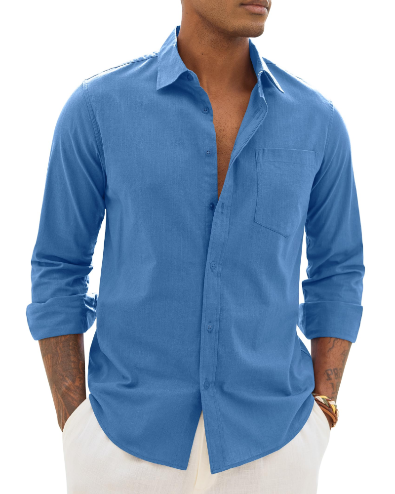 Chemise décontractée à boutons pour homme | Haut d'été léger à manches longues et coupe ample, avec poche poitrine et manches réglables