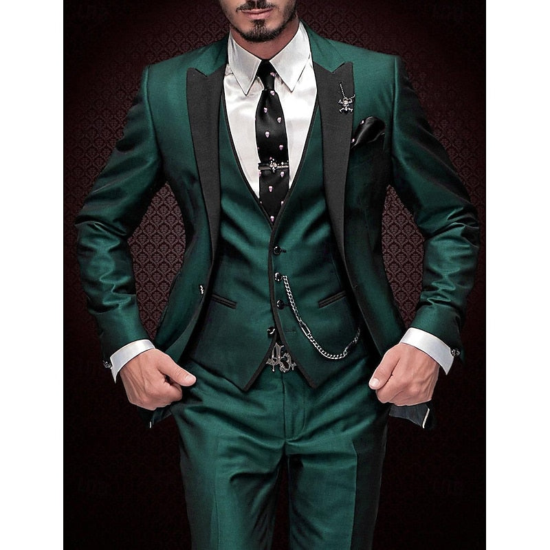 Detailed view of a men's tailored three-piece suit, highlighting fabric texture. Formal wedding & business wear.