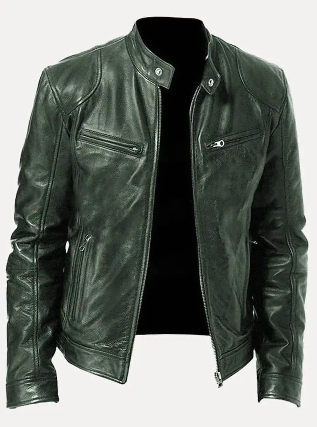 Men's Zip-Up Biker Faux Leather Casual Jacket - Green