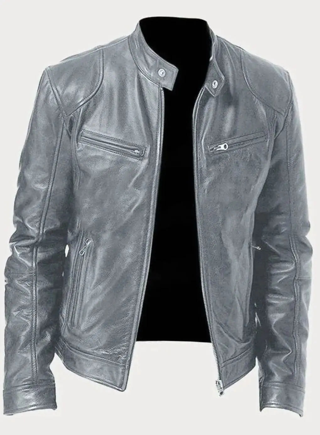 Men's Zip-Up Biker Faux Leather Casual Jacket - Grey