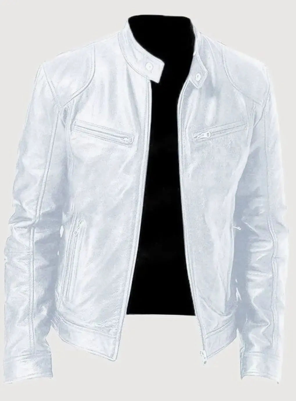 Men's Zip-Up Biker Faux Leather Casual Jacket - White