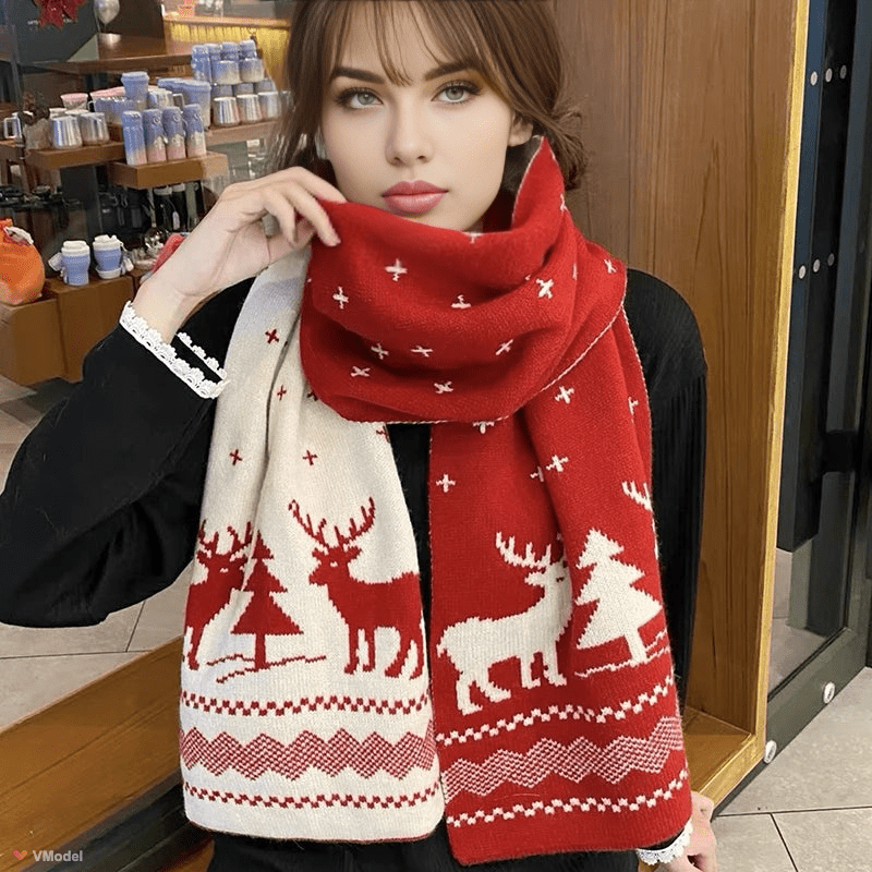 Bufanda navideña reversible para mujer | Diseño de punto con ciervos y alces | Bufanda de invierno con tacto suave a lana, ideal tanto para las fiestas como para el día a día