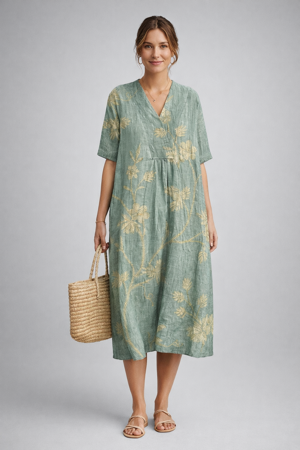 Vestido de verano de mujer con estampado floral - Vestido midi holgado y transpirable - Cómodo vestido boho de playa para el día a día y las vacaciones