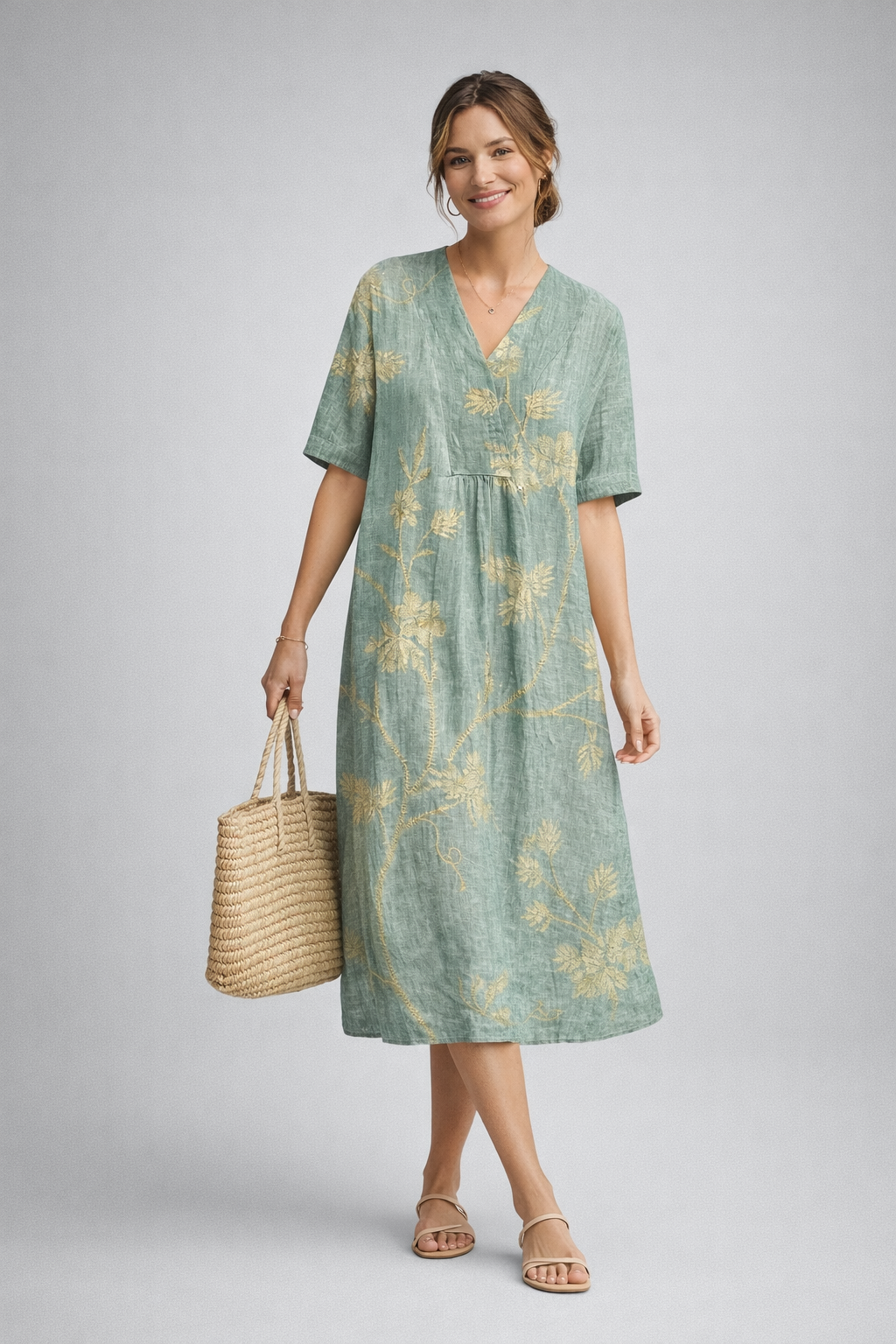 Vestido de verano de mujer con estampado floral - Vestido midi holgado y transpirable - Cómodo vestido boho de playa para el día a día y las vacaciones