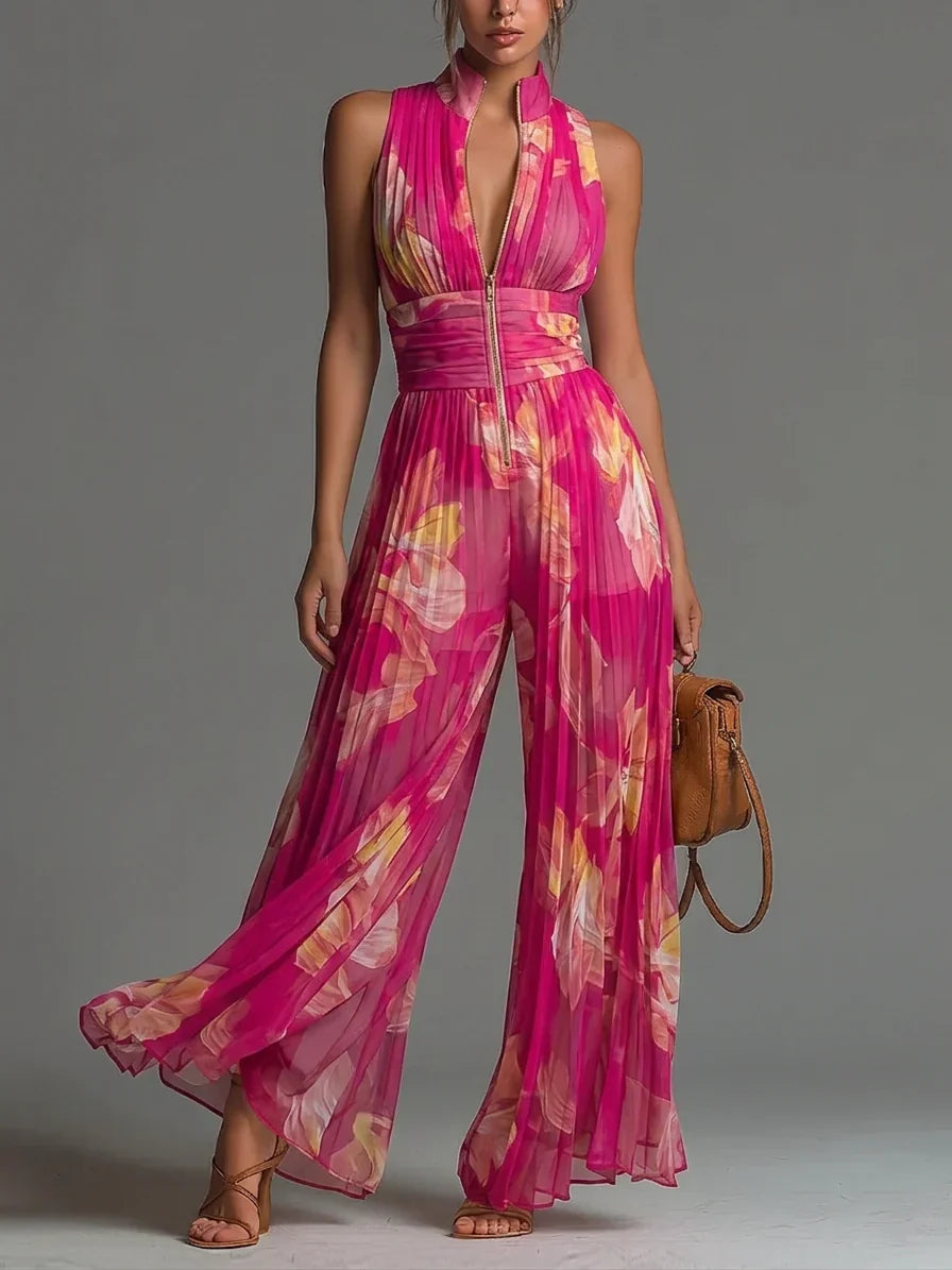 Women's Halter Neck Pleated Jumpsuit | Wide Leg Sleeveless One-Piece for Formal Events and Sophisticated Occasions