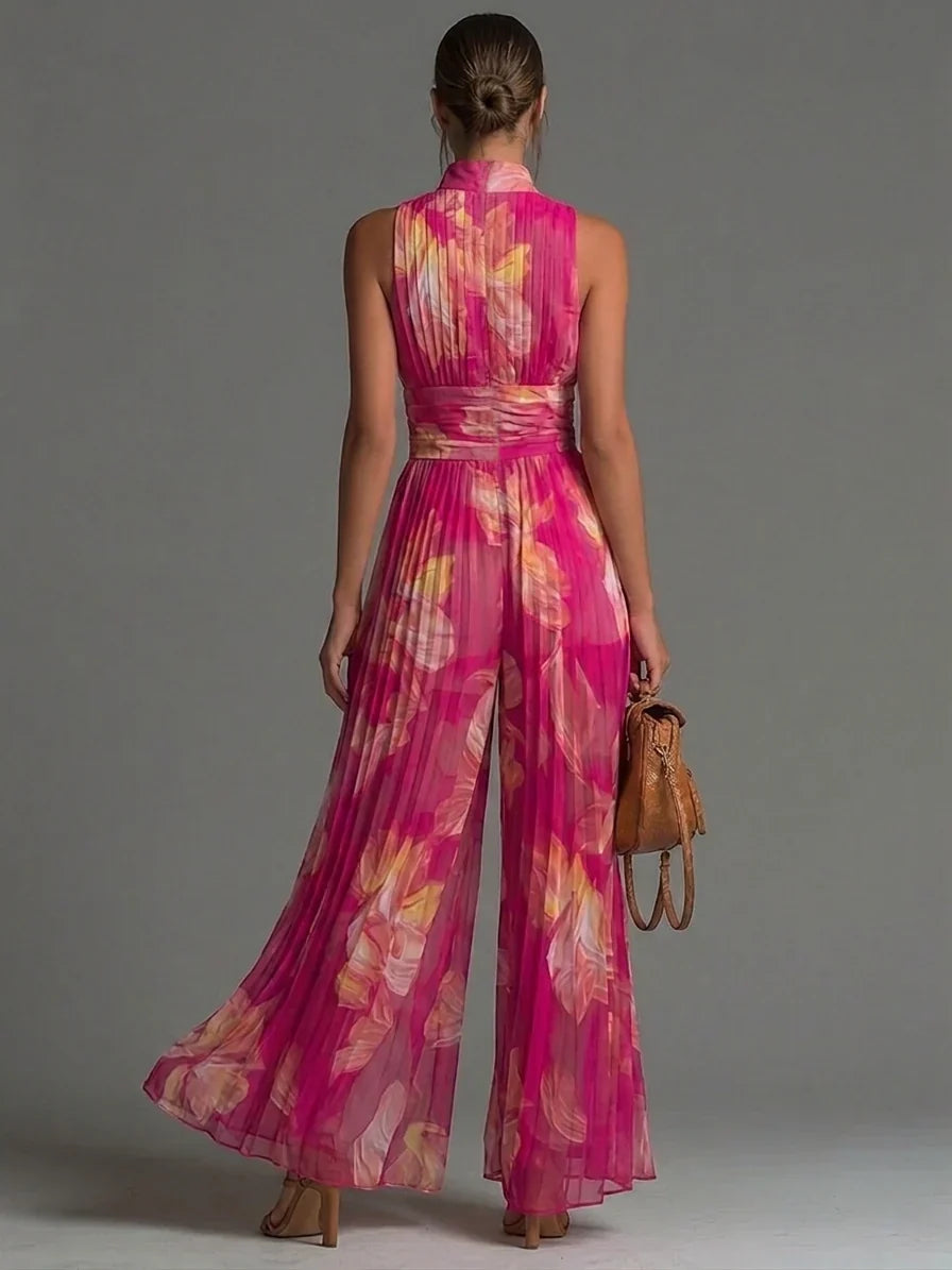 Women's Halter Neck Pleated Jumpsuit | Wide Leg Sleeveless One-Piece for Formal Events and Sophisticated Occasions