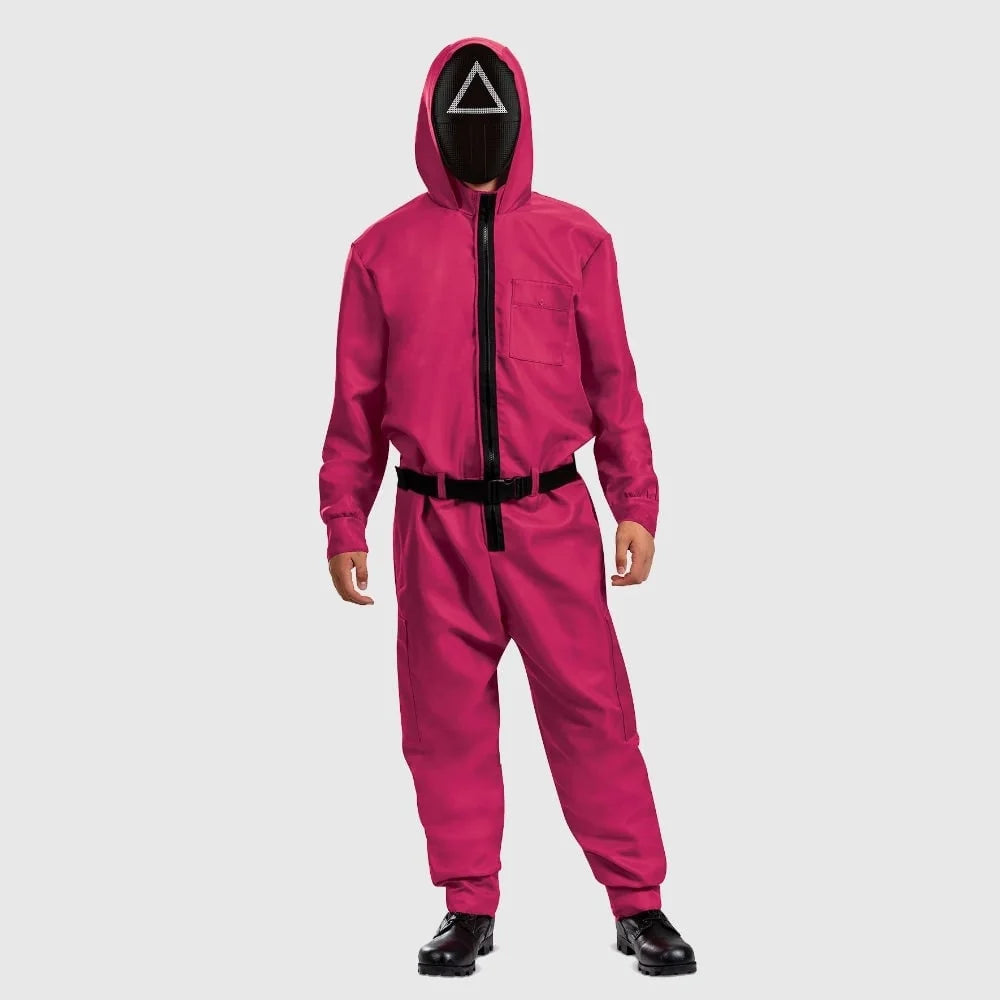 Survival Game Guard-kostume: Jumpsuit-sæt med 3 masker, handsker og bælte – Halloween-cosplay-outfit