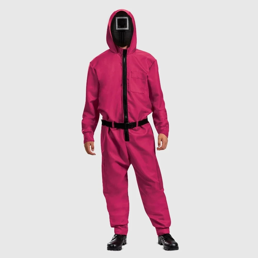 Survival Game Guard-kostume: Jumpsuit-sæt med 3 masker, handsker og bælte – Halloween-cosplay-outfit