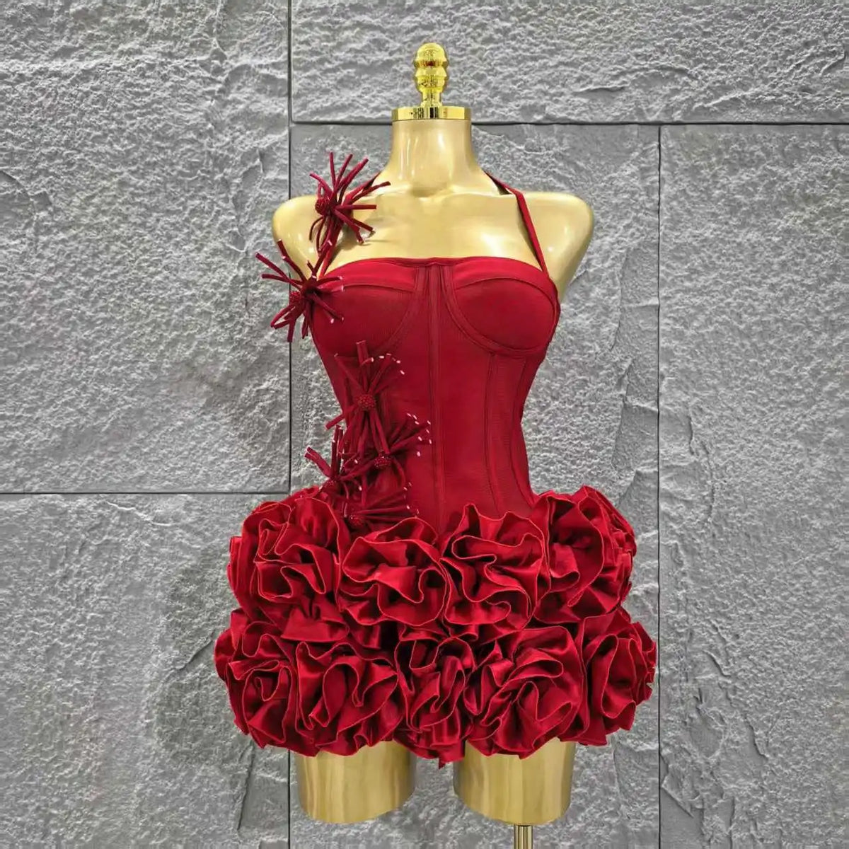 Rochie mini roșie fără bretele pentru femei – Rochie de petrecere mulată, cu volane și imprimeu floral