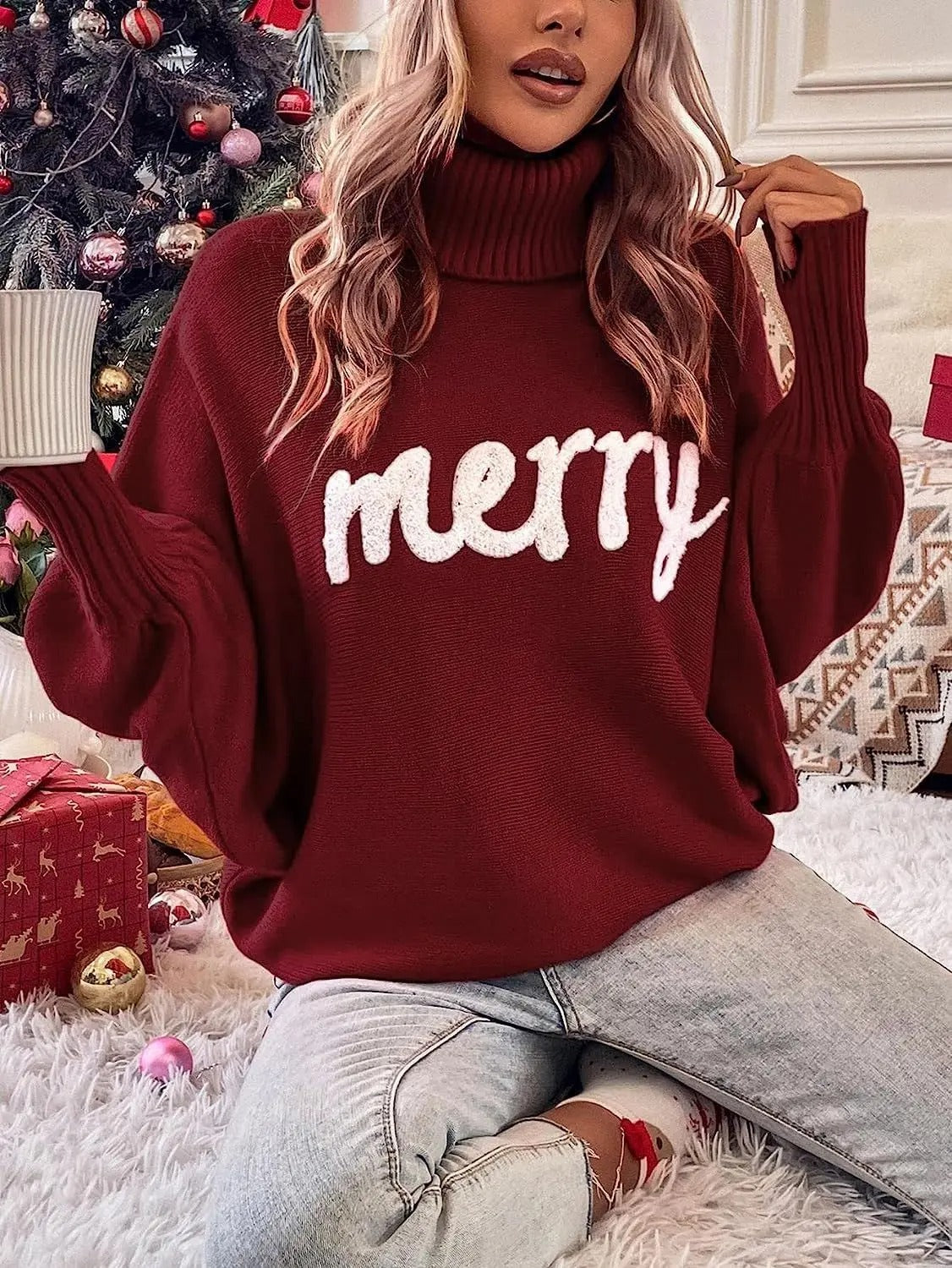 Jersey navideño para mujer: jersey de punto de cuello alto oversize con estampado de letras «Merry»