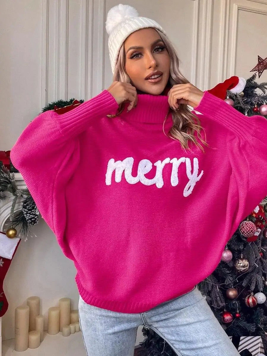 Jersey navideño para mujer: jersey de punto de cuello alto oversize con estampado de letras «Merry»