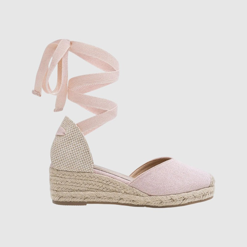 Ortopædiske espadrille-sandaler med kilehæl til kvinder | Behagelige lærredssko med lav hæl, lange ankelbånd og skridsikker sål