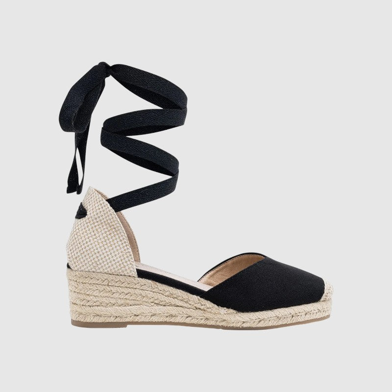 Ortopædiske espadrille-sandaler med kilehæl til kvinder | Behagelige lærredssko med lav hæl, lange ankelbånd og skridsikker sål