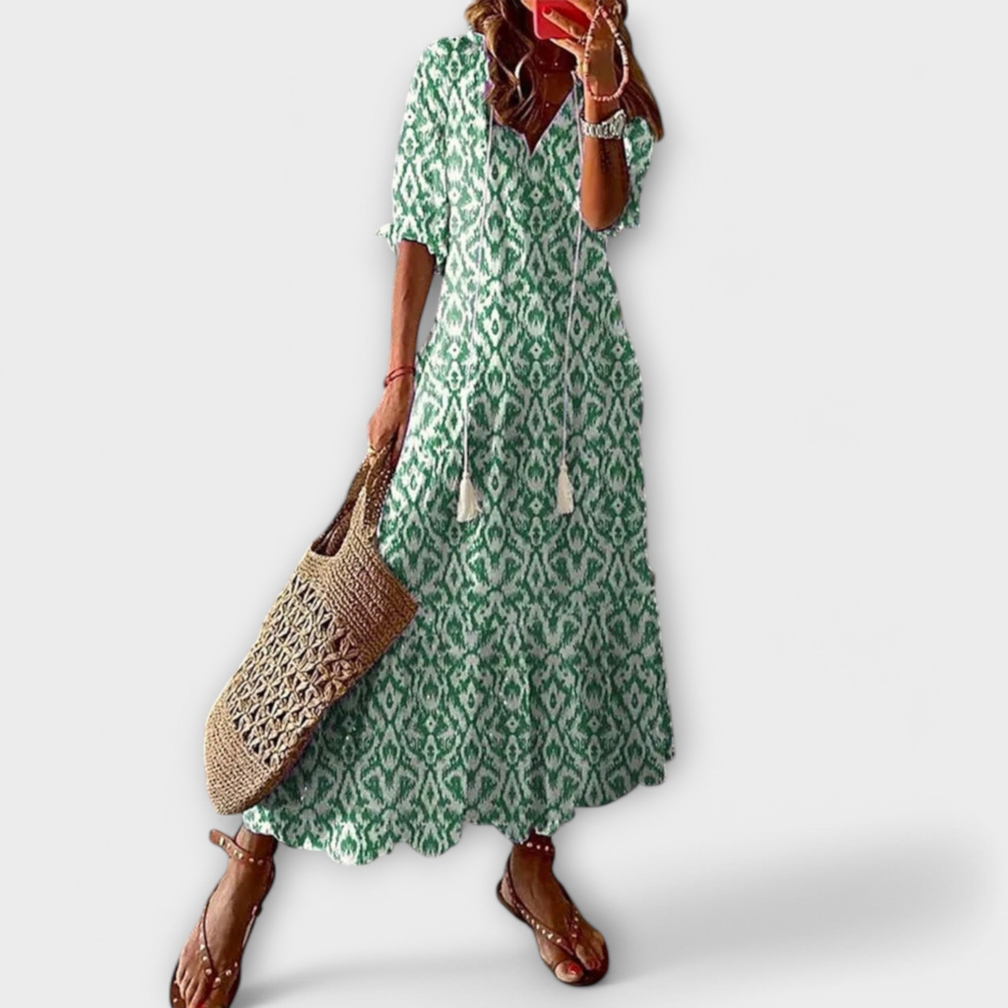 Robe longue bohème pour femme | Robe d'été légère à imprimé, avec cordon de serrage ajustable à la taille et coupe fluide, idéale pour la plage ou la ville