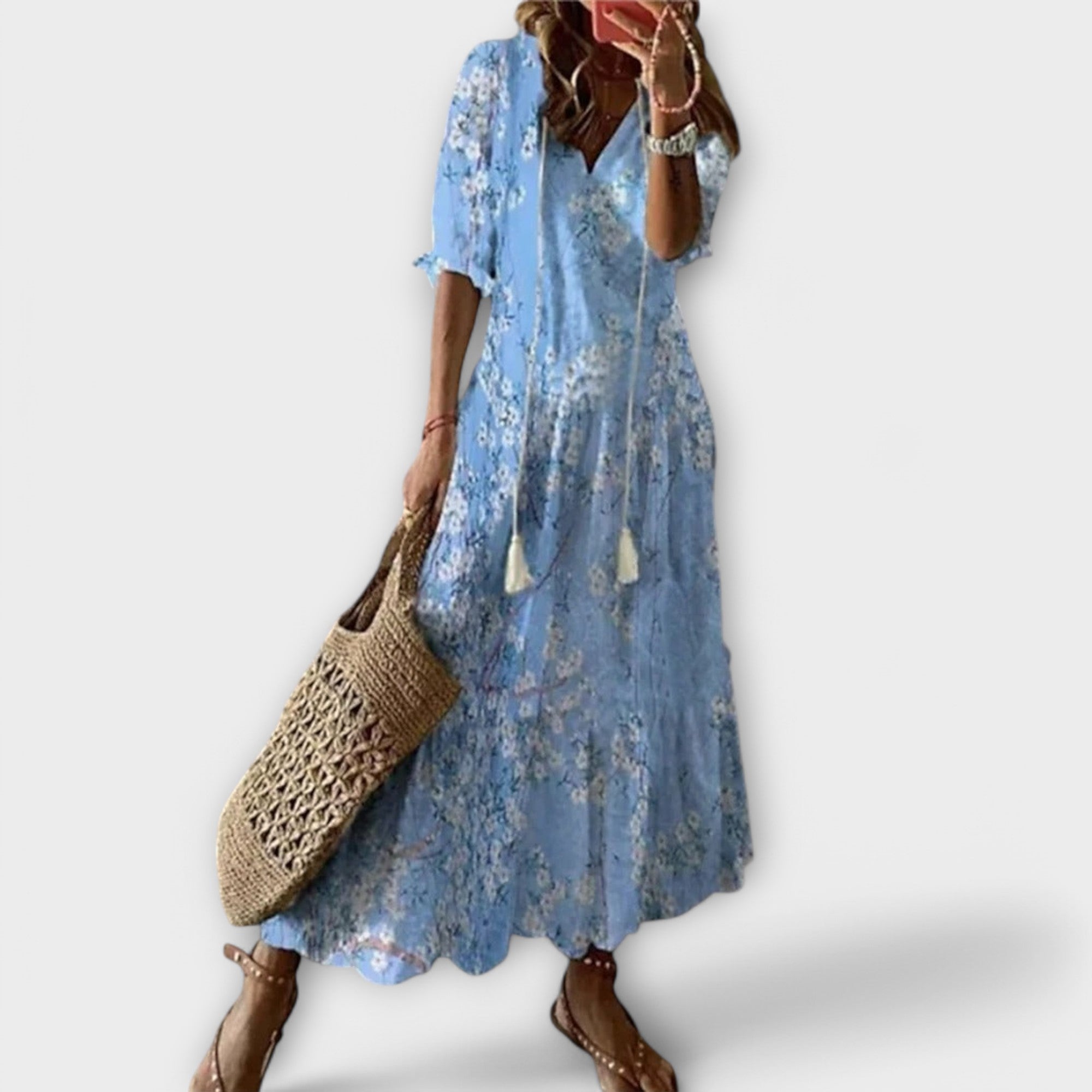 Robe longue bohème pour femme | Robe d'été légère à imprimé, avec cordon de serrage ajustable à la taille et coupe fluide, idéale pour la plage ou la ville