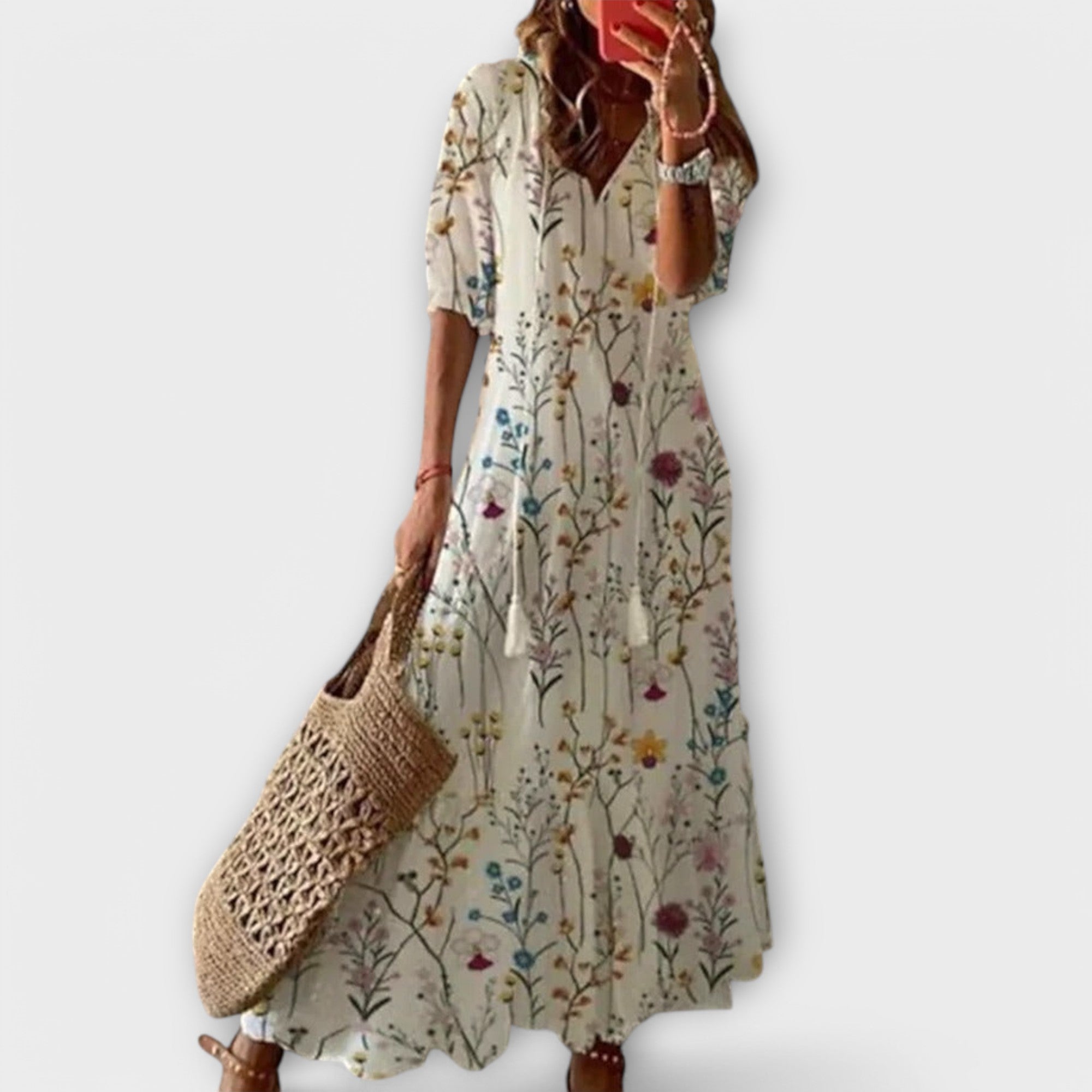 Robe longue bohème pour femme | Robe d'été légère à imprimé, avec cordon de serrage ajustable à la taille et coupe fluide, idéale pour la plage ou la ville