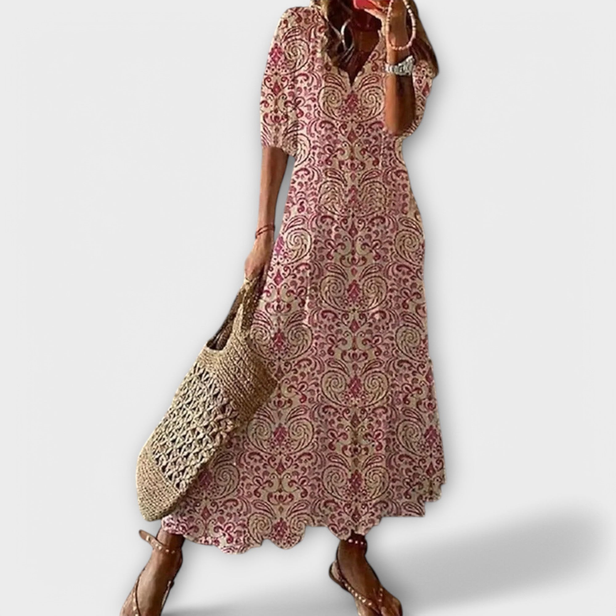 Robe longue bohème pour femme | Robe d'été légère à imprimé, avec cordon de serrage ajustable à la taille et coupe fluide, idéale pour la plage ou la ville