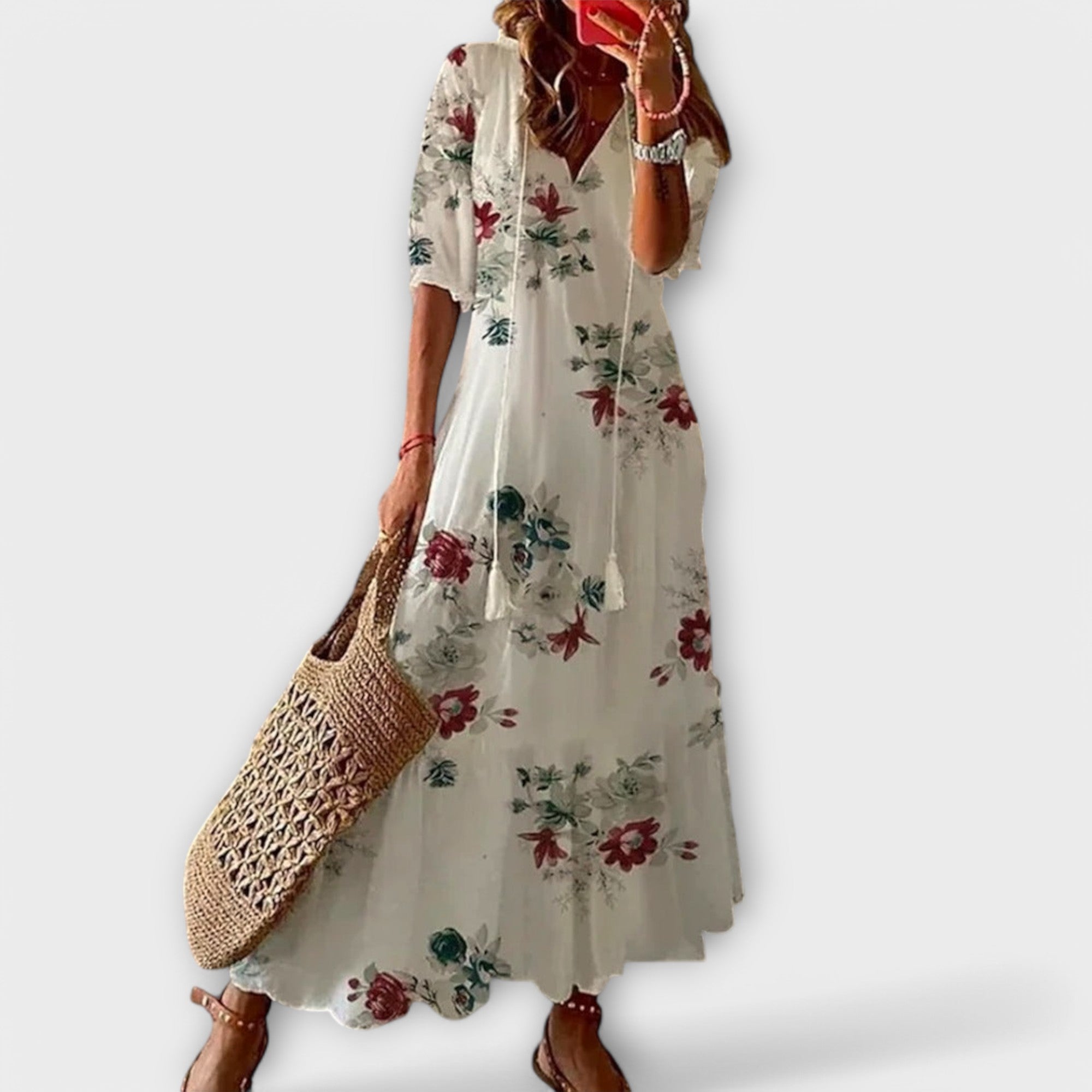 Robe longue bohème pour femme | Robe d'été légère à imprimé, avec cordon de serrage ajustable à la taille et coupe fluide, idéale pour la plage ou la ville