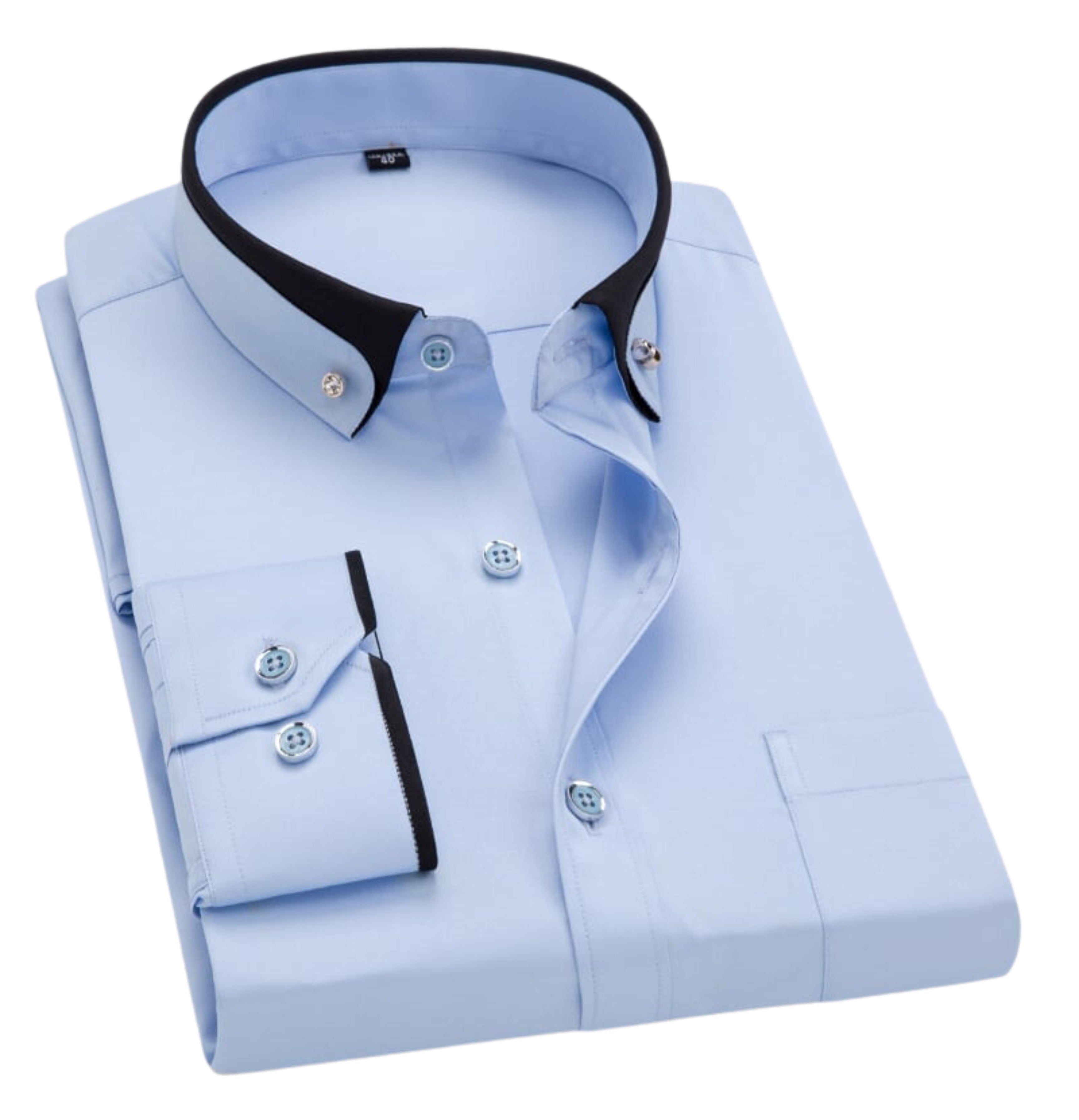 Camicia elegante da uomo azzurra con colletto a contrasto nero, maniche lunghe, bottoni frontali. Ideale per abbigliamento formale e ufficio.